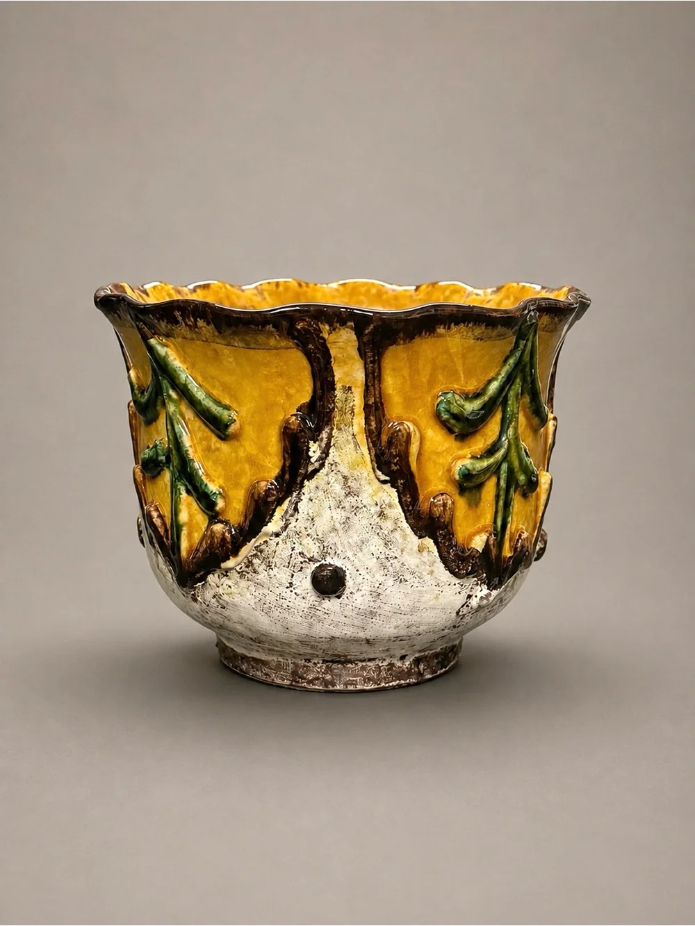 Vintage Art Pottery Planter Signed Italy Mustard Yellow Green Sculptural Ceramic